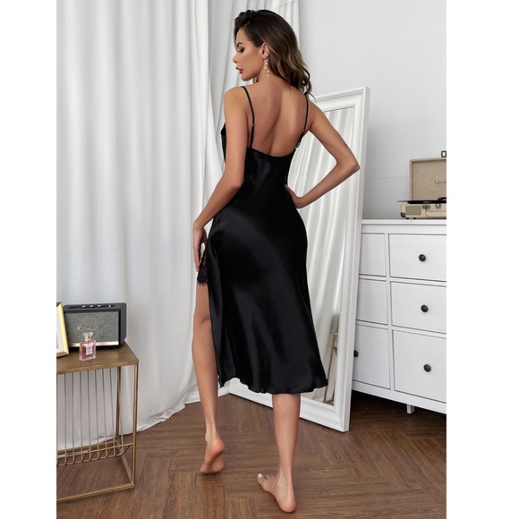 Black Satin Lace Detail High Slit Night Slip - Picture 6 of 16